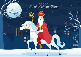 modèle de célébration de la saint nicolas day ou sinterklaas illustration plate de dessin animé dessiné à la main avec boîte cadeau et conception de fond d'hiver vecteur