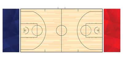 vue de dessus du terrain de basket, vue en grand angle du stade de basket-ball, plancher en bois et basket-ball en ligne noire pour le match du tournoi vecteur