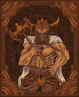 illustration de guerriers viking antiques avec cadre d'ornement de gravure vecteur