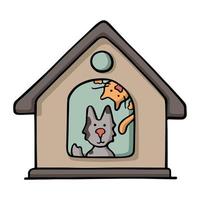 illustration vectorielle en couleur de style dessin animé dessinée à la main, hôtel pour animaux de compagnie, chat et chien dans la maison vecteur