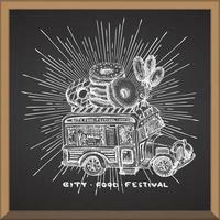 affiche hipster rétro avec camion de nourriture dessiné à la main à la lumière du soleil isolé sur fond de tableau de craie. voiture de transport de croquis vintage bonne idée pour la conception de tableau, écorcheur de festival, bannière web, menu vecteur