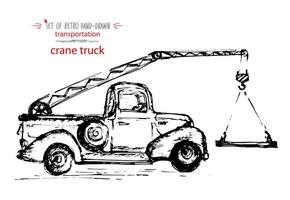 camion-grue de transport vintage dessiné à la main. croquis à l'encre rapide. illustration vectorielle noire vecteur