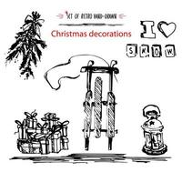 ensemble de vacances d'hiver, joyeux noël décoration croquis encre style dessiné à la main. isolé sur fond blanc pour la conception du nouvel an ou de Noël, bannière, guirlande, carte postale, ornement vecteur