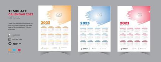 Calendrier mural 2023 d'une page Conception de calendrier à 3 variations de couleur vecteur