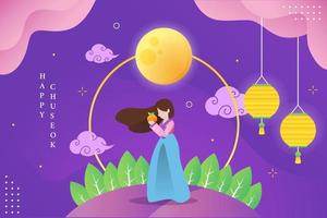 illustration d'une femme célébrant le jour de chuseok sous la lune tout en tenant orange vecteur