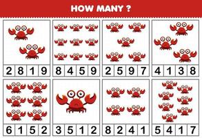 jeu éducatif pour les enfants comptant le nombre d'objets dans chaque table de feuille de travail imprimable d'animal de crabe de dessin animé mignon vecteur