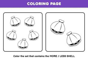 jeu d'éducation pour les enfants coloriage plus ou moins image de dessin au trait coquille de dessin animé mignon ensemble feuille de travail imprimable vecteur