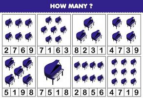 jeu éducatif pour les enfants comptant le nombre d'objets dans chaque table de feuille de travail imprimable de piano d'instrument de musique de dessin animé vecteur