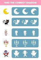 jeu d'éducation pour les enfants trouver l'ombre correcte silhouette de dessin animé mignon lune chat poupée vaudou bougie dracula feuille de travail imprimable halloween vecteur