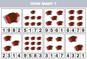 jeu éducatif pour les enfants comptant le nombre d'objets dans chaque table de feuille de travail imprimable d'accordéon d'instrument de musique de dessin animé vecteur