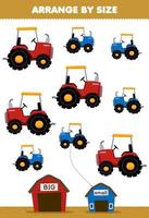 jeu éducatif pour les enfants organiser par taille grande ou petite mettez-le dans la grange d'un tracteur de dessin animé mignon feuille de travail agricole imprimable vecteur