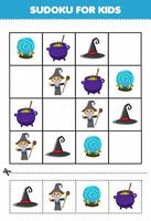 jeu d'éducation pour les enfants sudoku pour les enfants avec chapeau de dessin animé mignon orbe magique chaudron assistant costume halloween feuille de travail imprimable vecteur