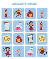 jeu d'éducation pour les enfants mémoire pour trouver des images similaires de dessin animé mignon bougie araignée de feu poupée vaudou bouteille de potion diable fille costume halloween feuille de travail imprimable vecteur