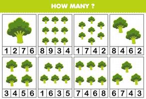 jeu éducatif pour les enfants comptant le nombre d'objets dans chaque table de feuille de travail imprimable de légume de brocoli de dessin animé mignon vecteur