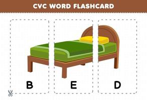 jeu d'éducation pour les enfants apprenant le mot de consonne de voyelle de consonne avec une illustration de lit de dessin animé mignon carte flash imprimable vecteur