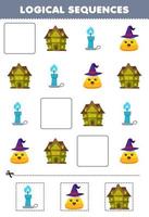 jeu d'éducation pour les enfants séquences logiques pour les enfants avec dessin animé mignon maison effrayante bougie maïs bonbons image halloween feuille de calcul imprimable vecteur