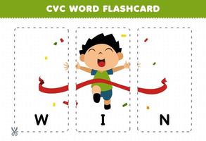 jeu d'éducation pour les enfants apprenant le mot de consonne de voyelle de consonne avec une illustration de victoire de dessin animé mignon vecteur