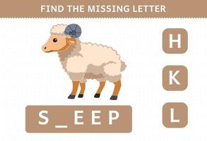 jeu éducatif pour les enfants trouver la lettre manquante de la feuille de travail imprimable de la ferme de moutons de dessin animé mignon vecteur