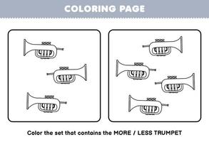 jeu d'éducation pour les enfants coloriage plus ou moins image de dessin animé instrument de musique trompette dessin au trait ensemble feuille de calcul imprimable vecteur