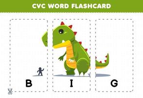 jeu d'éducation pour les enfants apprenant le mot de consonne de voyelle de consonne avec une carte flash imprimable d'illustration de grand dinosaure de dessin animé mignon vecteur