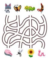 labyrinthe jeu de puzzle pour enfants paire dessin animé mignon chat papillon iguane poulet avec la bonne feuille de travail imprimable vecteur