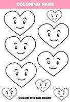 jeu d'éducation pour les enfants coloriage grande ou petite image de forme géométrique coeur dessin au trait feuille de travail imprimable vecteur