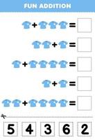 jeu éducatif pour les enfants ajout amusant par coupe et correspondance nombre correct pour dessin animé vêtements portables t-shirt bleu feuille de travail imprimable vecteur