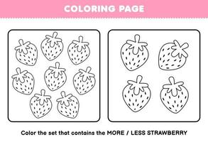 jeu d'éducation pour les enfants coloriage plus ou moins image de dessin animé fraise fruit dessin au trait ensemble feuille de travail imprimable vecteur
