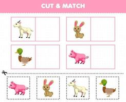 jeu éducatif pour les enfants couper et assortir la même image de dessin animé mignon chèvre lapin canard cochon feuille de travail de ferme imprimable vecteur