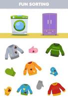 jeu éducatif pour les enfants tri amusant chandail et moufles propres ou sales vêtements à porter à la machine à laver ou au placard feuille de calcul imprimable vecteur