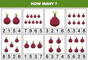 jeu éducatif pour les enfants comptant le nombre d'objets dans chaque table de feuille de travail imprimable de légume échalote de dessin animé mignon vecteur