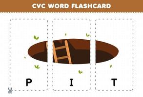 jeu d'éducation pour les enfants apprenant le mot de consonne de voyelle de consonne avec une illustration de trou de fosse de dessin animé mignon carte flash imprimable vecteur