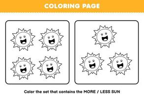 jeu d'éducation pour les enfants coloriage plus ou moins image de dessin animé mignon soleil dessin au trait ensemble feuille de travail imprimable du système solaire vecteur