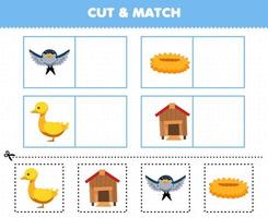 jeu éducatif pour les enfants couper et assortir la même image de dessin animé mignon nid d'oiseau canard coop feuille de travail de ferme imprimable vecteur