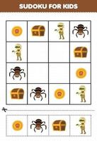 jeu d'éducation pour les enfants sudoku pour les enfants avec dessin animé mignon coin poitrine araignée momie costume halloween feuille de calcul imprimable vecteur