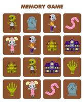 jeu d'éducation pour les enfants mémoire pour trouver des images similaires de dessin animé mignon pierre tombale spooky maison ver main zombie costume halloween feuille de calcul imprimable vecteur