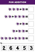 jeu éducatif pour les enfants addition amusante par coupe et correspondance nombre correct pour dessin animé mignon araignée violette feuille de travail imprimable vecteur