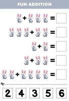 jeu éducatif pour les enfants addition amusante par coupe et correspondance nombre correct pour dessin animé mignon lapin blanc feuille de travail imprimable vecteur