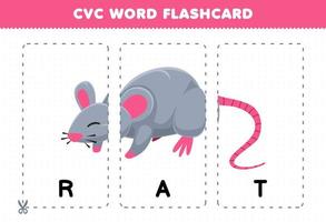 jeu d'éducation pour les enfants apprenant le mot de consonne de voyelle de consonne avec une carte flash imprimable d'illustration de rat de dessin animé mignon vecteur