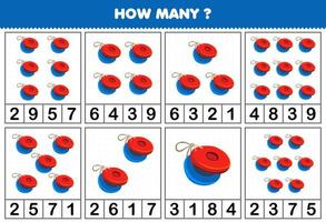 jeu éducatif pour les enfants comptant le nombre d'objets dans chaque tableau de la feuille de travail imprimable de castagnettes d'instrument de musique de dessin animé vecteur