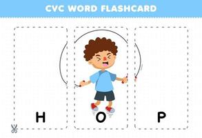 jeu d'éducation pour les enfants apprenant le mot de consonne de voyelle de consonne avec un garçon de dessin animé mignon hop avec illustration de corde flashcard imprimable vecteur