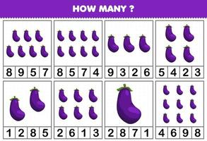 jeu éducatif pour les enfants comptant le nombre d'objets dans chaque table de feuille de travail imprimable de légume aubergine de dessin animé mignon