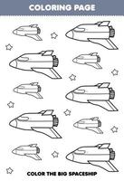 jeu d'éducation pour les enfants coloriage grande ou petite image du vaisseau spatial du système solaire et feuille de travail à imprimer dessin au trait étoile vecteur