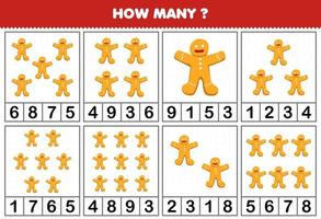 jeu éducatif pour les enfants comptant le nombre d'objets dans chaque table de feuille de calcul imprimable de pain d'épice de dessin animé mignon vecteur