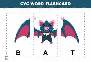 jeu d'éducation pour les enfants apprenant le mot de consonne de voyelle de consonne avec une illustration de chauve-souris de dessin animé mignon vecteur