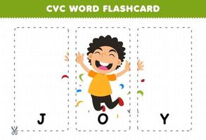 jeu d'éducation pour les enfants apprenant le mot de consonne de voyelle de consonne avec un homme de dessin animé mignon se sentant joie illustration flashcard imprimable vecteur