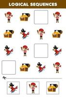 jeu d'éducation pour les enfants séquences logiques pour les enfants avec dessin animé mignon coffre au trésor perroquet pirate garçon costume photo halloween feuille de calcul imprimable vecteur