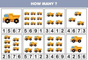 jeu éducatif pour les enfants comptant le nombre d'objets dans chaque tableau de la feuille de travail imprimable du véhicule de transport de machine lourde de pelle de bande dessinée vecteur