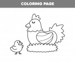 jeu d'éducation pour les enfants coloriage de dessin animé mignon poule dans le nid et dessin au trait poussin feuille de travail de ferme imprimable vecteur