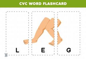 jeu d'éducation pour les enfants apprenant le mot de consonne de voyelle de consonne avec une illustration de jambe de dessin animé mignon carte flash imprimable vecteur